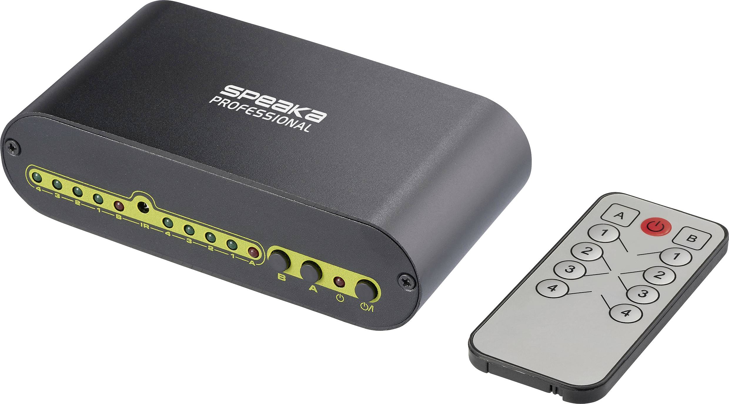 Fernbedienung und schwarzes elektronisches Gerät mit grünen und gelben Anschlüssen, beschriftet mit 'speaka PROFESSIONAL'.