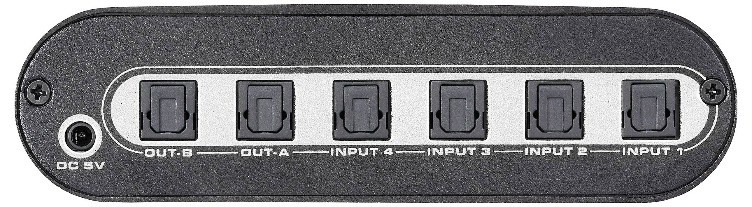Geräterückseite mit sechs beschrifteten quadratischen Tasten: OUT B, OUT A, INPUT 4, INPUT 3, INPUT 2, INPUT 1. Beinhaltet DC 5V-Anschluss.