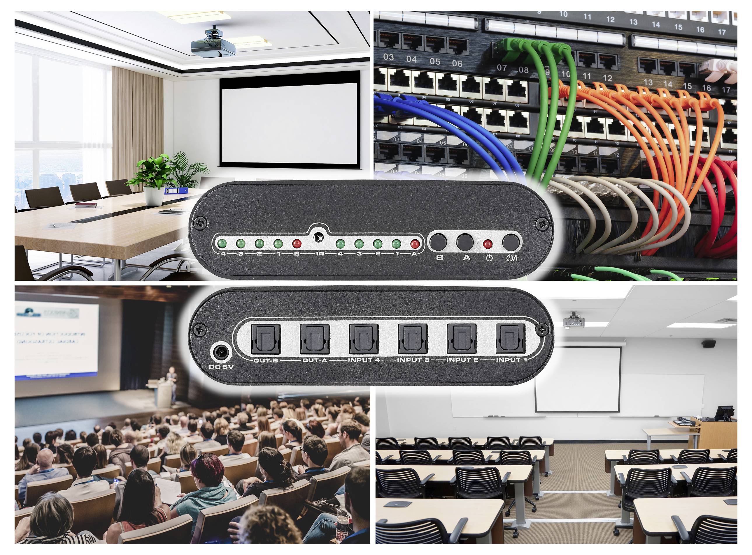 Eine Collage eines Meetingraums mit Projektionsleinwand, Netzwerkkabeln, einer Konferenzhalle und einem Klassenzimmer, die Konnektivität und Präsentationseinrichtungen hervorhebt.