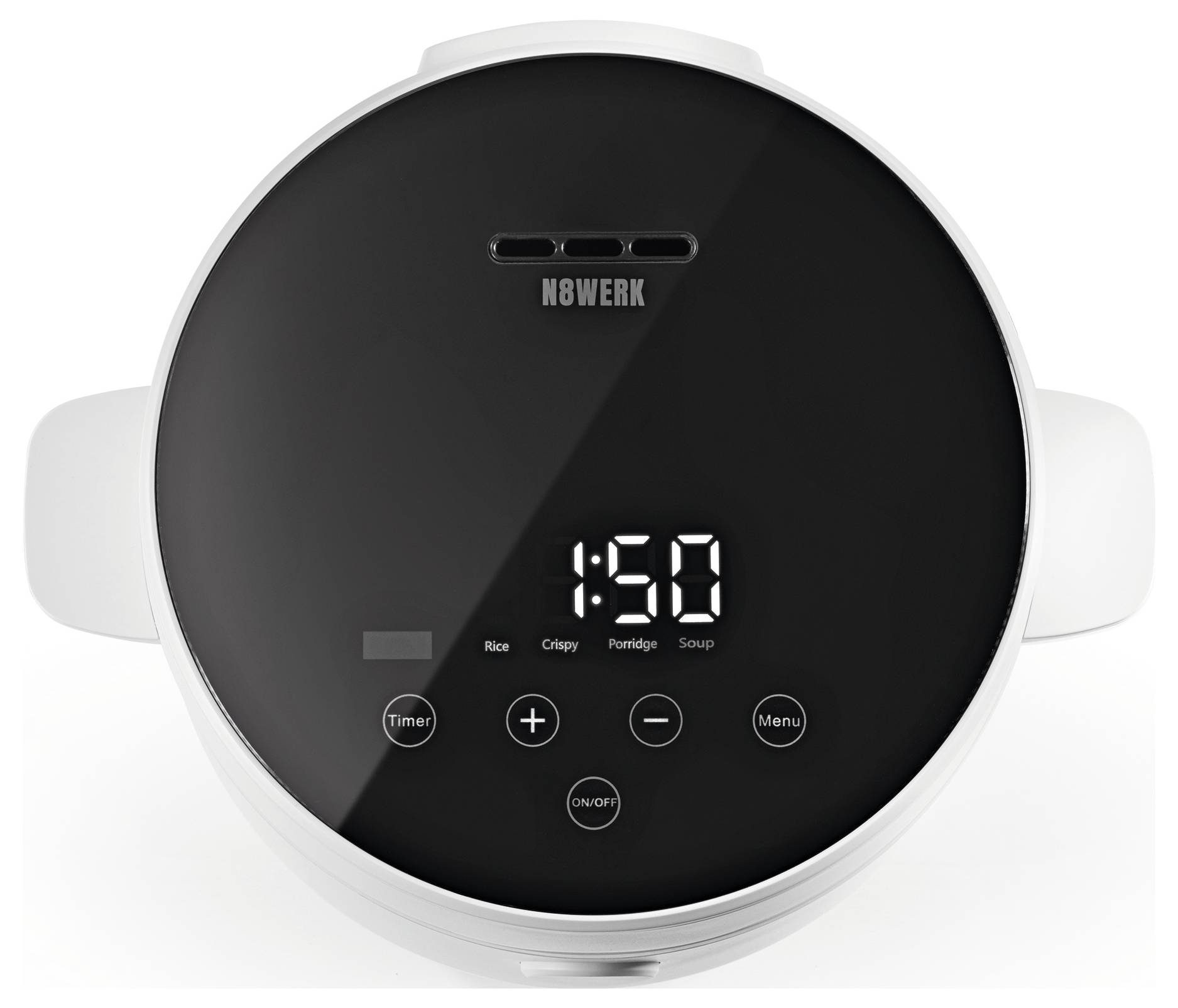 Eine Draufsicht eines weißen und schwarzen Multikochers mit einer digitalen Anzeige von '1:50' und Tasten für Timer, Menü und Ein/Aus.