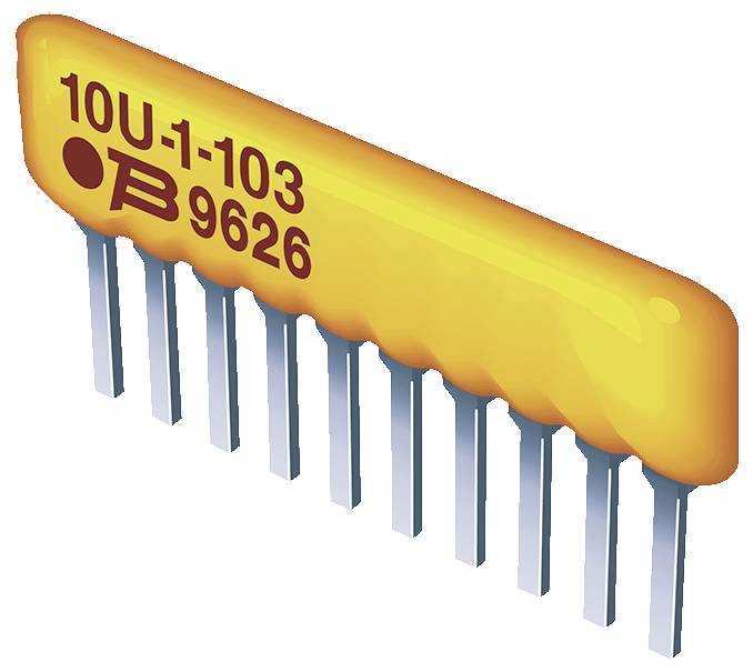 Ein orangefarbenes elektronisches Widerstandsnetzwerk mit der Beschriftung '10U-1-103 B 9626' und mehreren Metallstiften zur Integration in eine Leiterplatte.