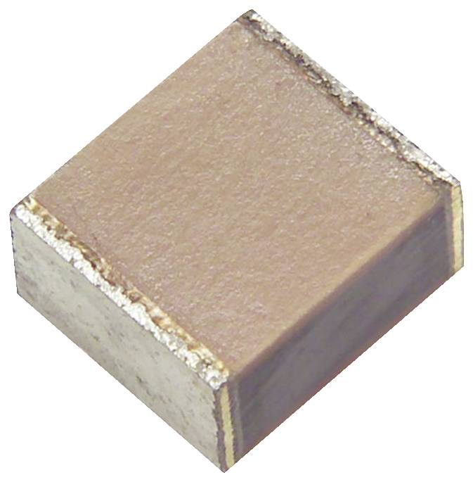 Ein Nahaufnahmebild einer braunen quadratischen elektronischen Komponente mit metallischen Kanten, höchstwahrscheinlich ein Chipkondensator, der in elektronischen Schaltkreisen verwendet wird.