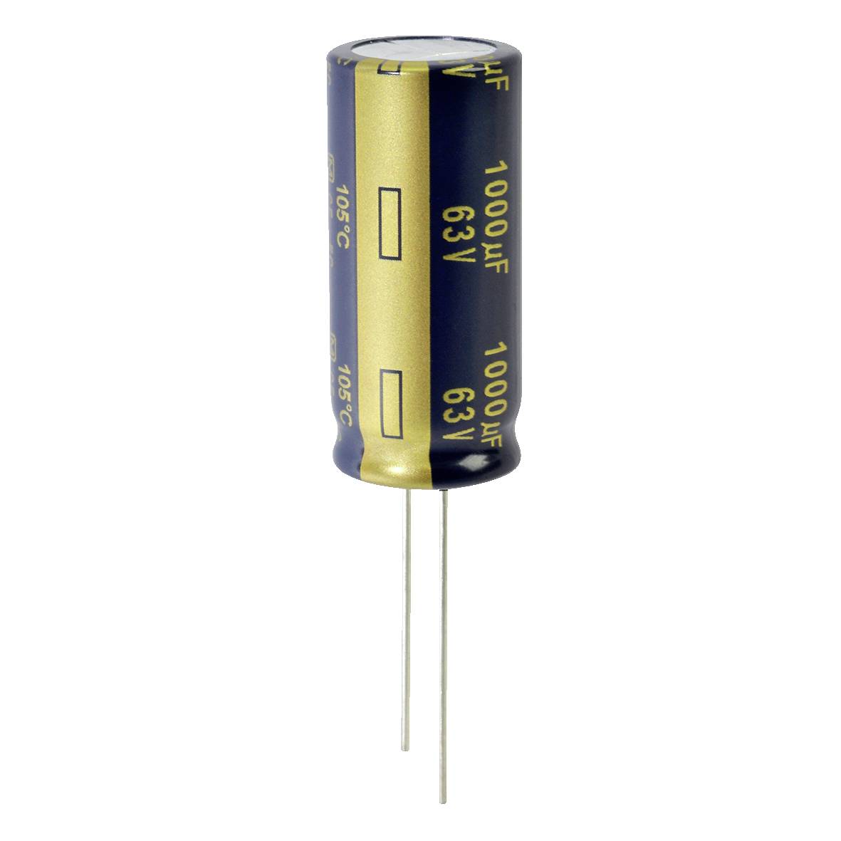 Ein zylindrischer Kondensator mit der Beschriftung 1000μF 63V mit zwei Metallanschlüssen für elektronische Schaltkreise.