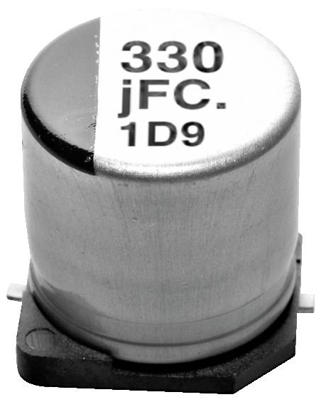 Ein zylindrischer Metallkondensator mit der Aufschrift '330 µF C. 1D9', versehen mit zwei Anschlüssen am Fuß, aus einem Winkel betrachtet, der Oberseite und Seite zeigt.