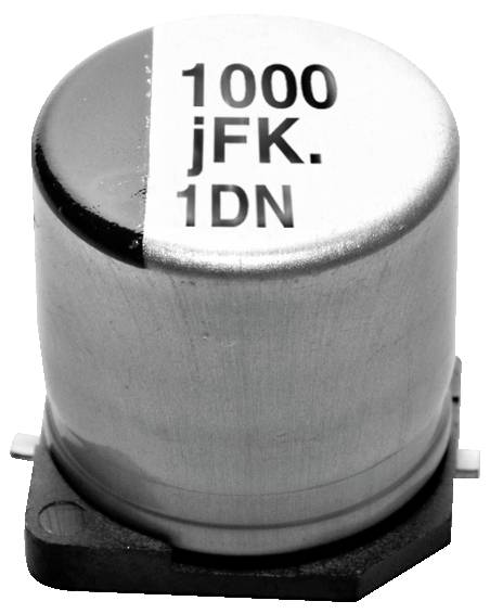 Ein Aluminium-Elektrolytkondensator mit der Beschriftung '1000 µF 1DN' ist abgebildet. Die zylindrische Komponente verfügt über zwei Anschlüsse zur Montage auf einer Leiterplatte.