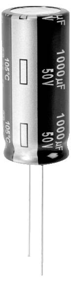Ein zylindrischer Elektrolytkondensator, gekennzeichnet mit '1000µF 50V', mit zwei Metallanschlüssen, die vom Boden ausgehen, verwendet in elektronischen Schaltkreisen.