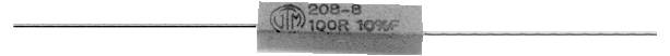 Ein zylindrischer Widerstand mit der Aufschrift '1 208-B 100R 10%', versehen mit zwei Metallanschlüssen an beiden Enden zur Integration in eine Schaltung.