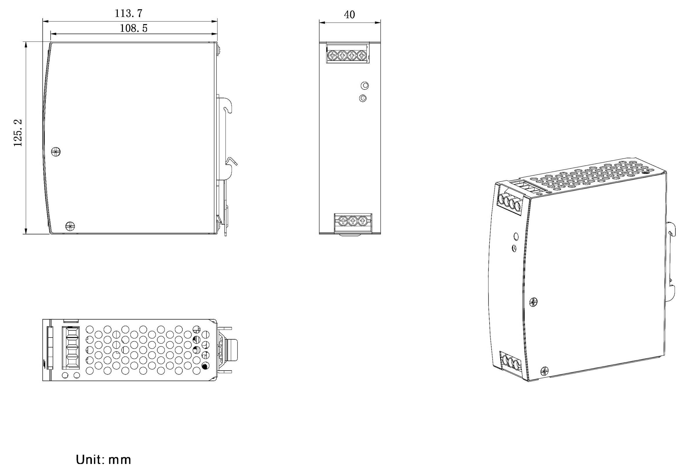 Technische Zeichnung eines rechteckigen elektrischen Bauteils mit den Abmessungen 125,2 mm × 113,7 mm × 40 mm, mit Draufsicht, Seitenansicht und Schrägansicht.