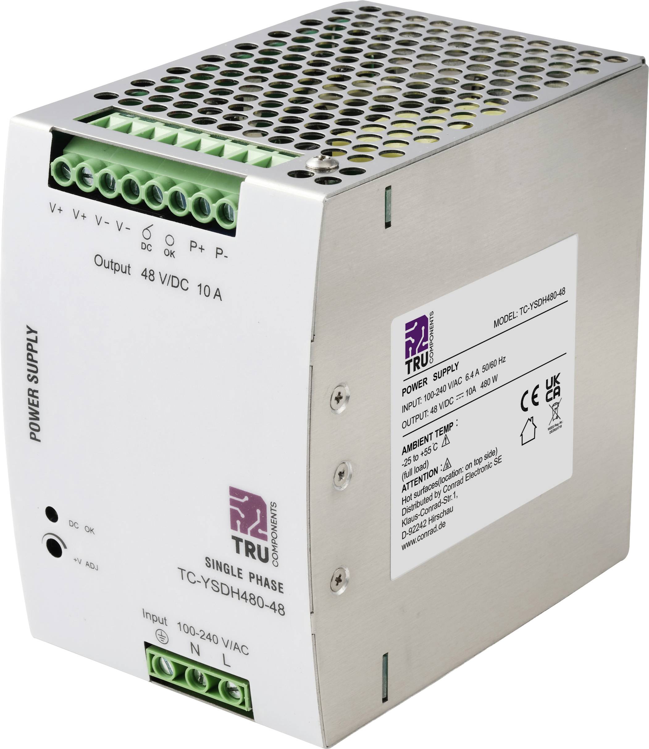 Eine Metall-TRU-Stromversorgungseinheit mit grünen Anschlussblöcken, beschriftet mit 48 VDC 10 A, zur Umwandlung von 100-240 VAC-Eingang in DC-Ausgang.