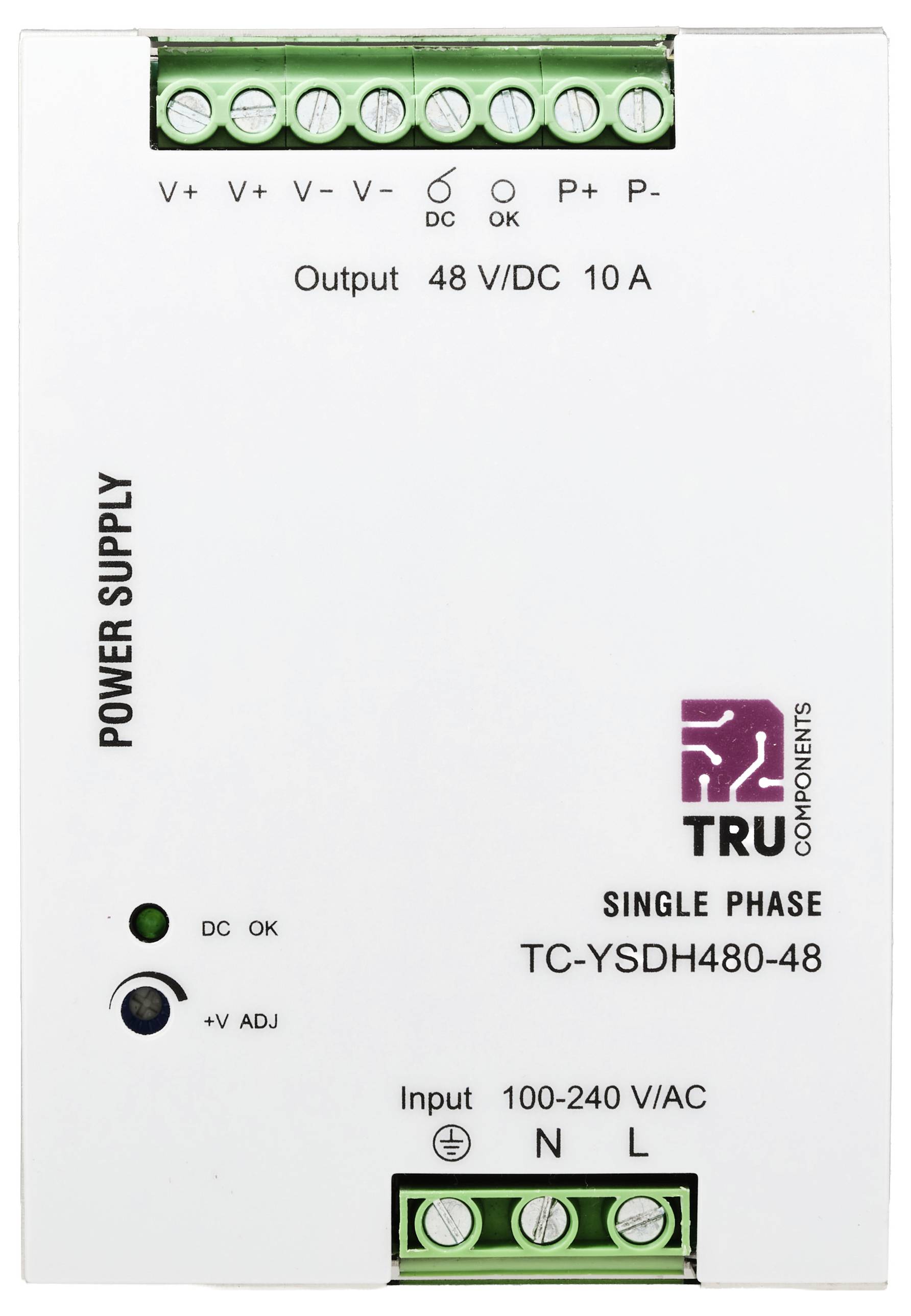 Ein Einphasen-Netzteil mit der Bezeichnung 'TRU Components'. Eingang: 100-240 V/AC. Ausgang: 48 V/DC, 10 A. Indikatoren für DC OK und V adjust.