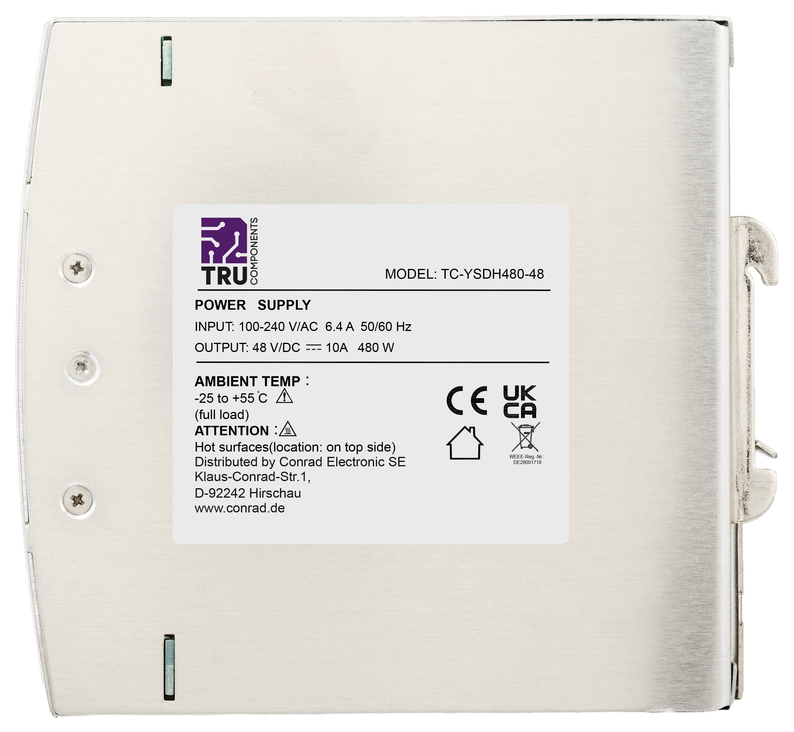 Stromversorgung Frontblende mit Markenlogo. Modell: TC-YSDH480-48. Eingang: 100-240 VAC, 6,4 A. Ausgang: 48 VDC, 10 A, 480 W. Temperatur: -25 bis +55°C.