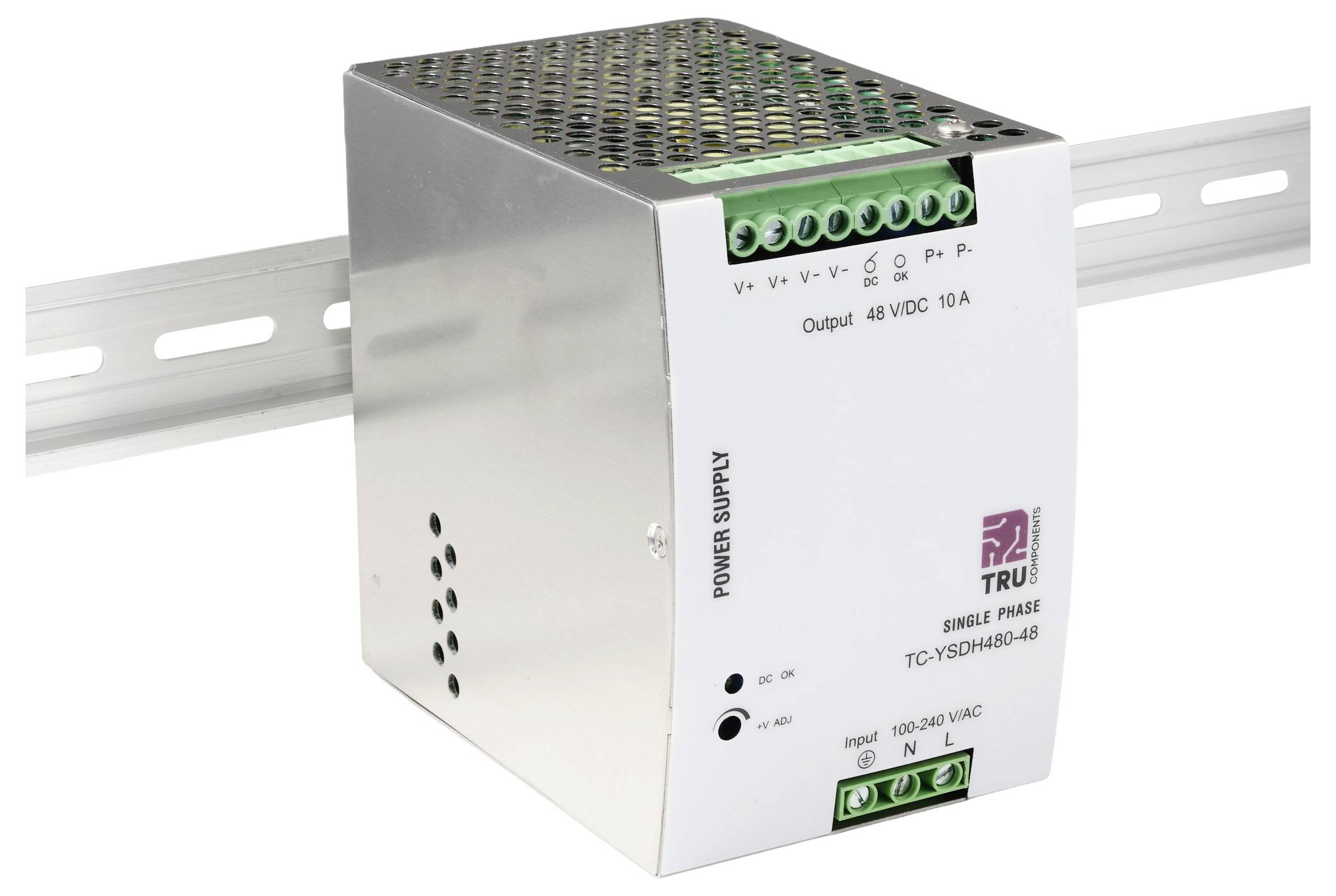 AC-DC-Einphasen-Stromversorgungsmodul auf Hutschiene montiert, beschriftet mit „Output 48 VDC 10A