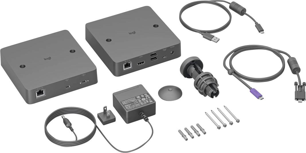 Logitech-Gerätehub mit verschiedenen Anschlüssen, Netzteil, Kabeln, Anschlüssen und Montagezubehör für die Einrichtung angeordnet.