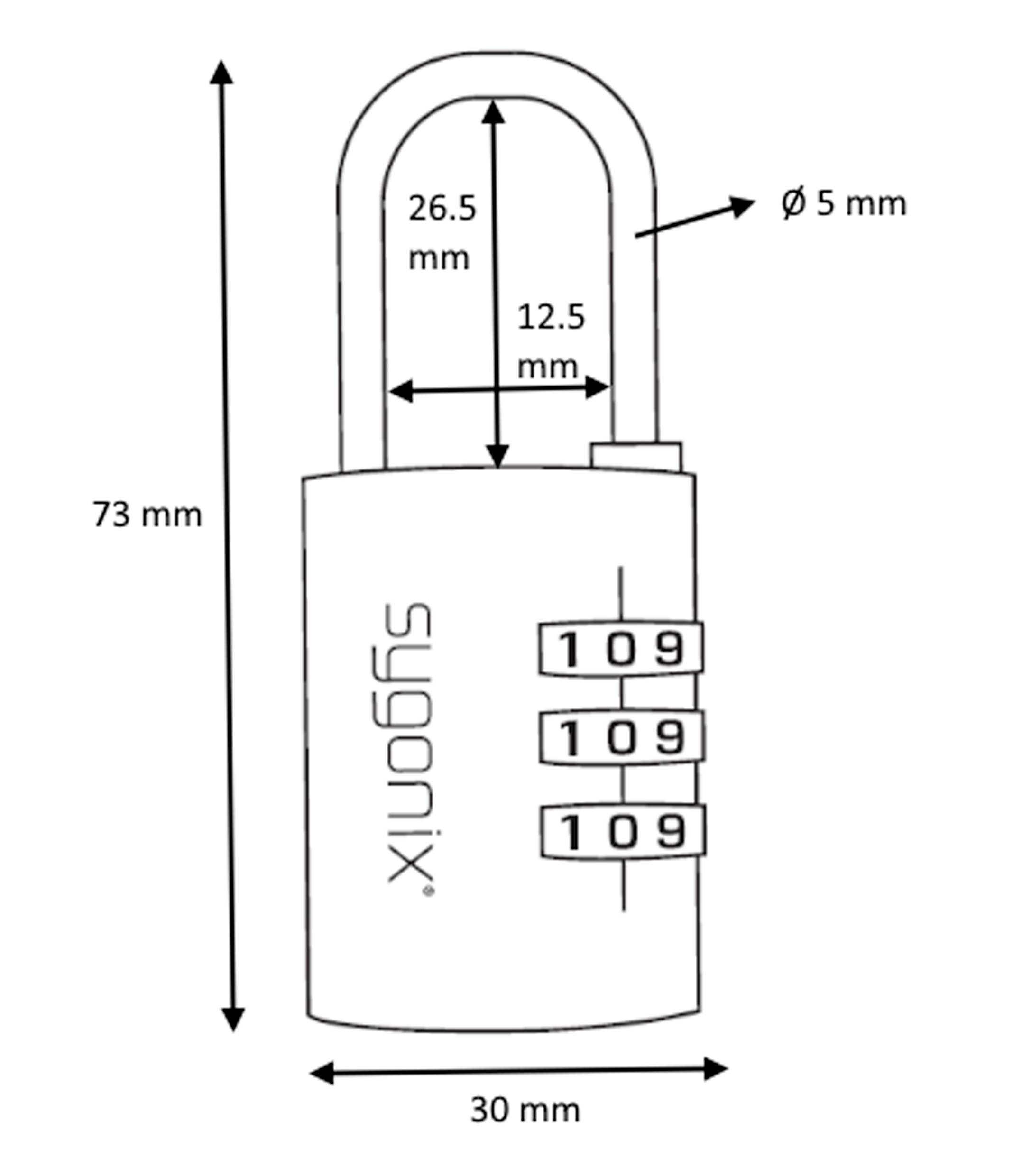 Diagramm eines Kombinationsschlosses mit Maßen: 73 mm Höhe, 30 mm Breite, Bügelstärke 5 mm, Bügellänge 26,5 mm, Schlossbreite 12,5 mm.