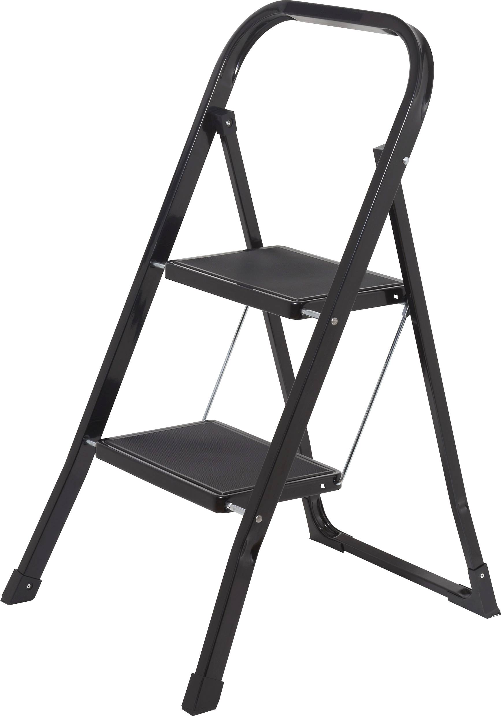 Eine schwarze Zwei-Stufen-Leiter mit einem robusten Metallgestell, konzipiert für die Verwendung in Innenräumen, üblicherweise genutzt zum Erreichen hoher Regale oder Schränke.