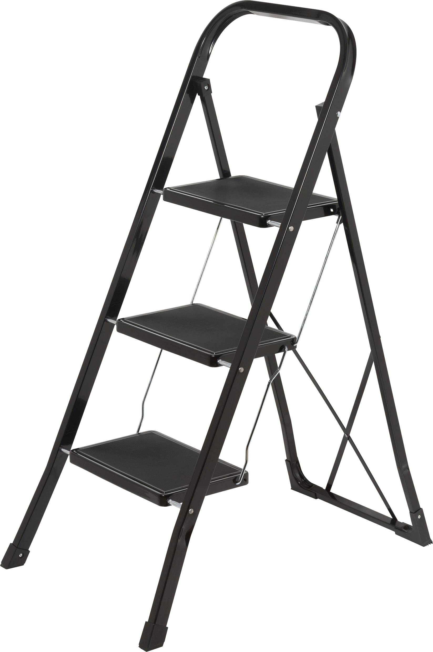 Eine schwarze, metallene Dreistufenleiter, vollständig aufgeklappt, die ihre Stufen und Stützstruktur zeigt. Geeignet für die Verwendung im Innenbereich.