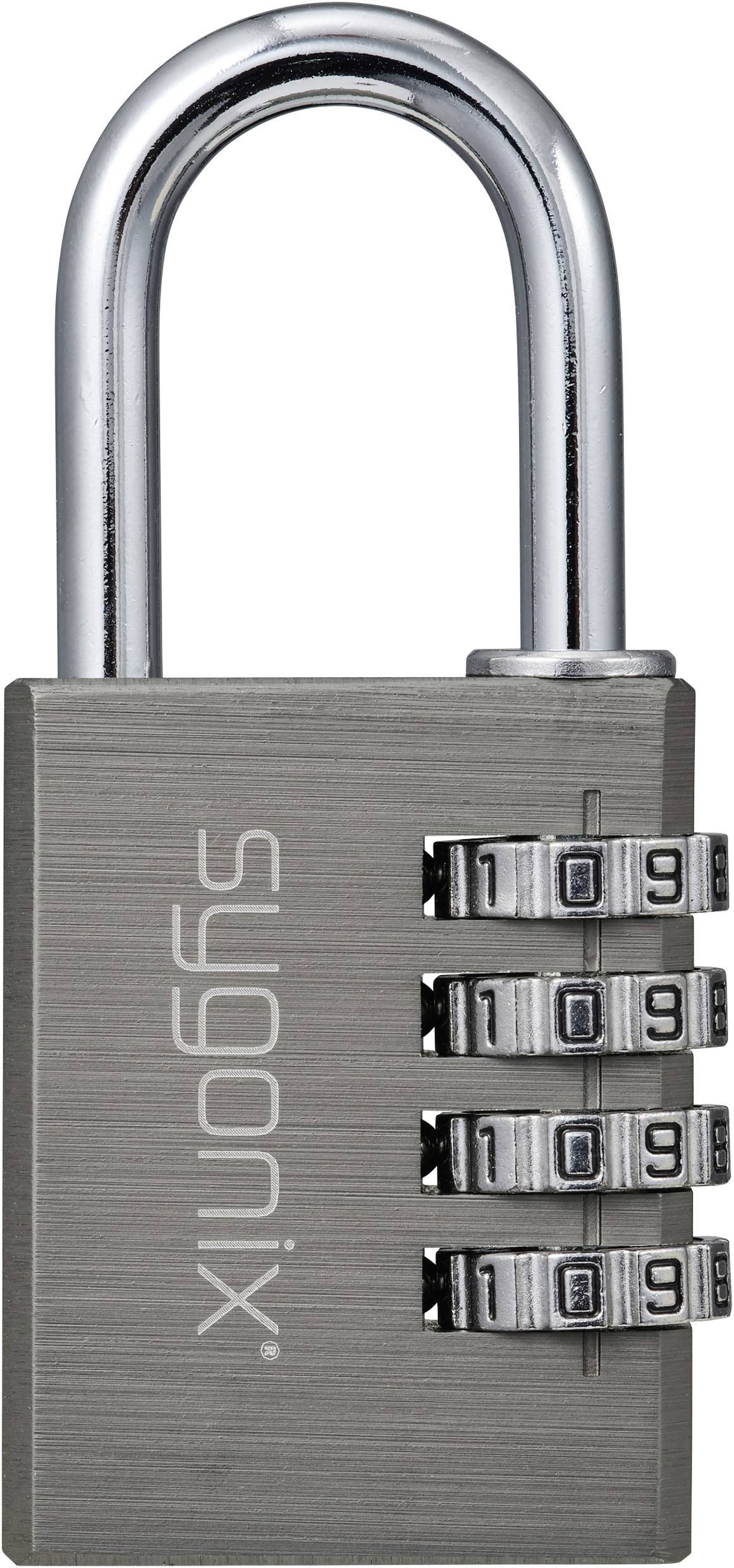 Kombinationsschloss mit vier drehbaren Zahlenscheiben, die auf '1099' eingestellt sind, mit dem Markennamen 'Sygonix', der auf dem Metallgehäuse eingraviert ist.