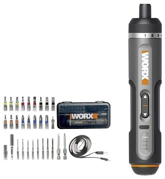 Kabelloser elektrischer Schraubendreher mit einstellbaren Drehmomenteinstellungen, gezeigt mit verschiedenen Bohraufsätzen, USB-Ladekabel und Transportkoffer.