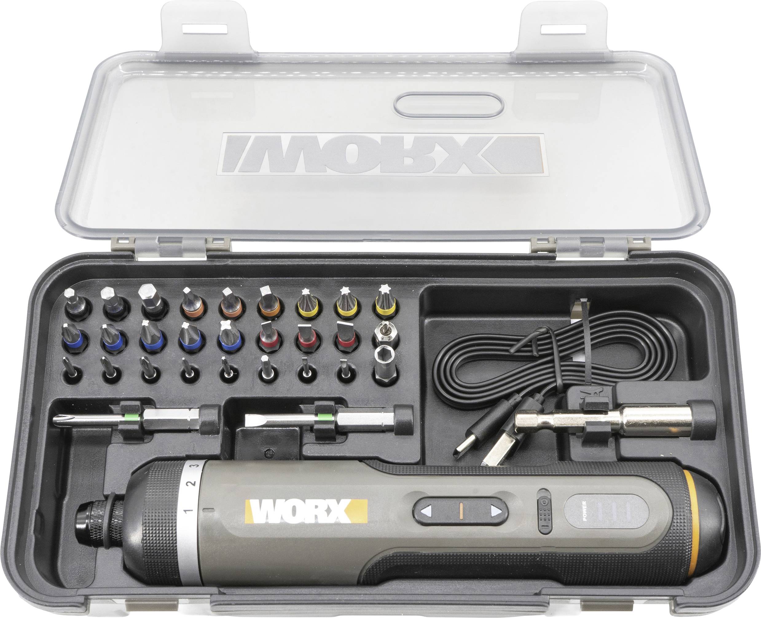 Ein Werkzeugsatz mit einem Worx Elektroschrauber mit verschiedenen austauschbaren Köpfen, einem Ladekabel und mehreren Bohrern in einem Tragekoffer.