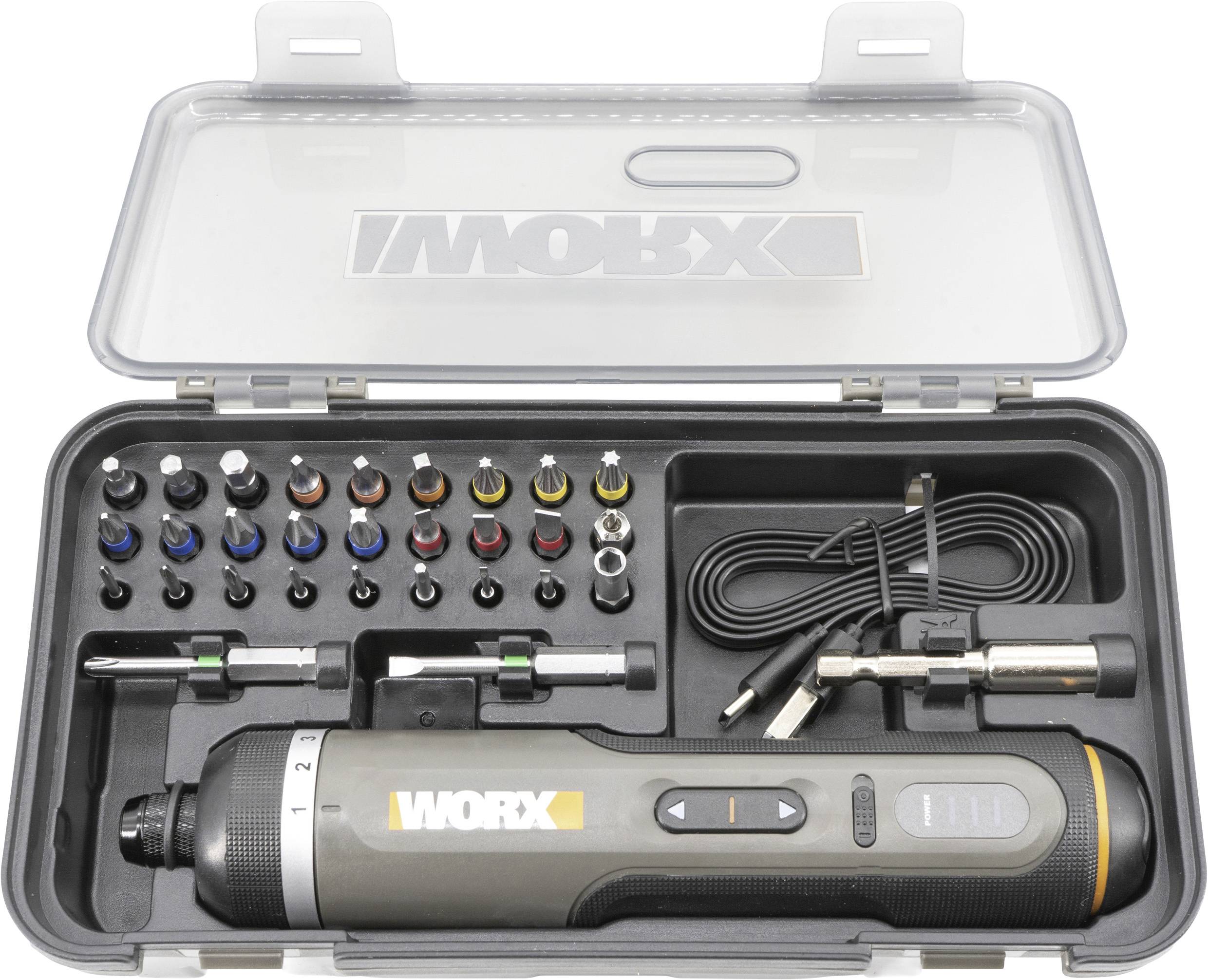 Ein Werkzeugsatz mit einem Worx Elektroschrauber mit verschiedenen austauschbaren Köpfen, einem Ladekabel und mehreren Bohrern in einem Tragekoffer.