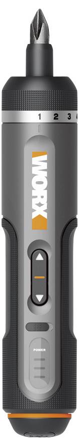 Akku-Schraubendreher mit einem grauen und schwarzen Gehäuse, orangefarbenem 'WORX' Logo, einstellbaren Drehmomenteinstellungen 1-4, Richtungspfeiltasten.