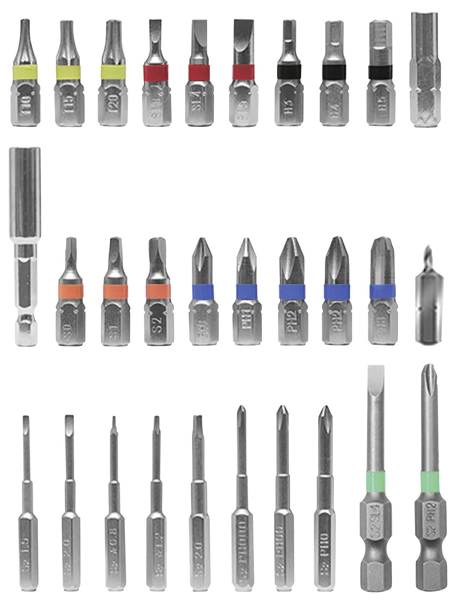 Ein Satz von 30 metallischen Schraubendreher-Bits verschiedener Größen und Typen, in drei Reihen mit farbcodierten Bändern angeordnet, die unterschiedliche Funktionen anzeigen.