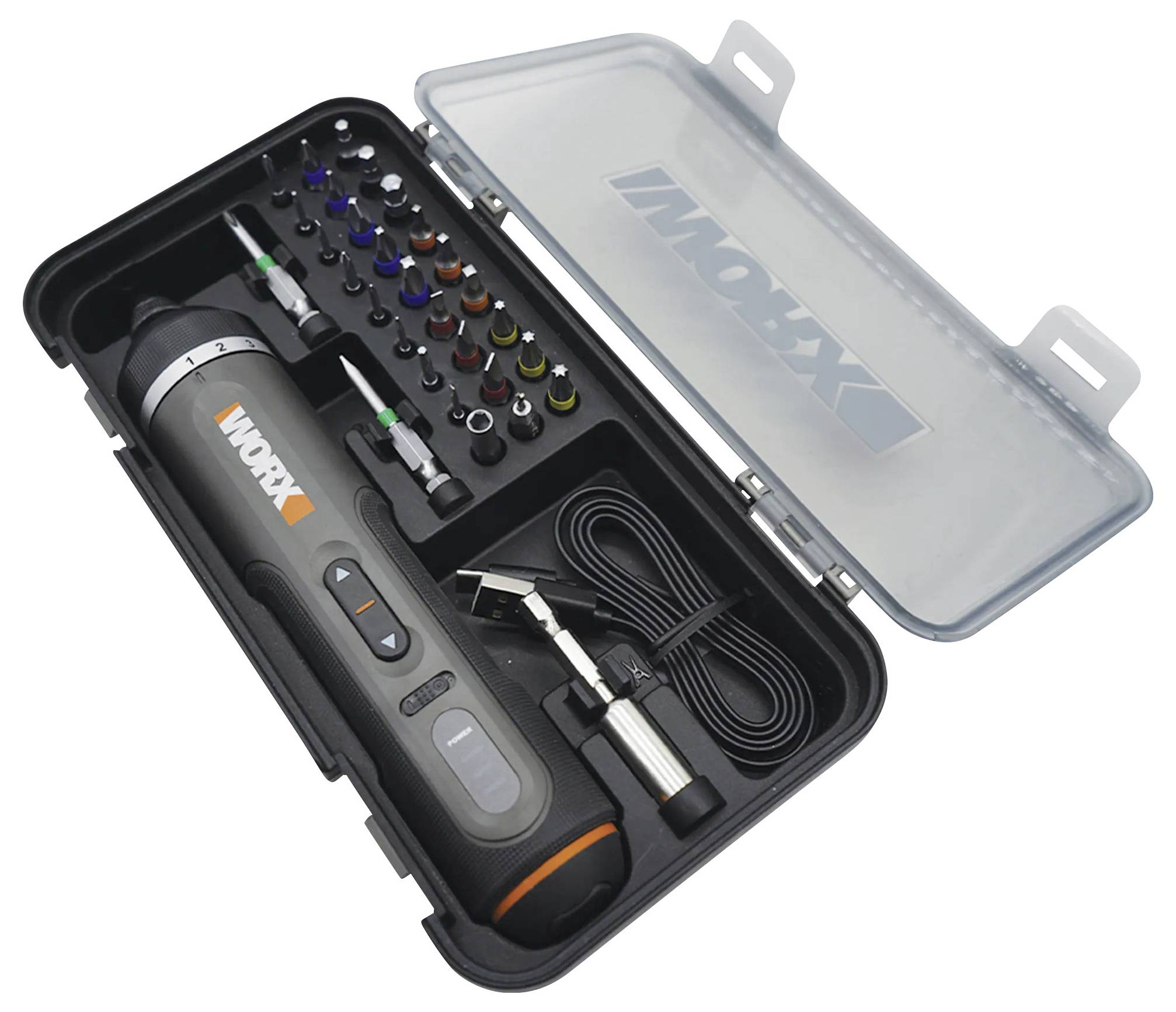 WORX elektrischer Schraubendreher-Satz mit mehreren Bits, Ladekabel und Koffer.