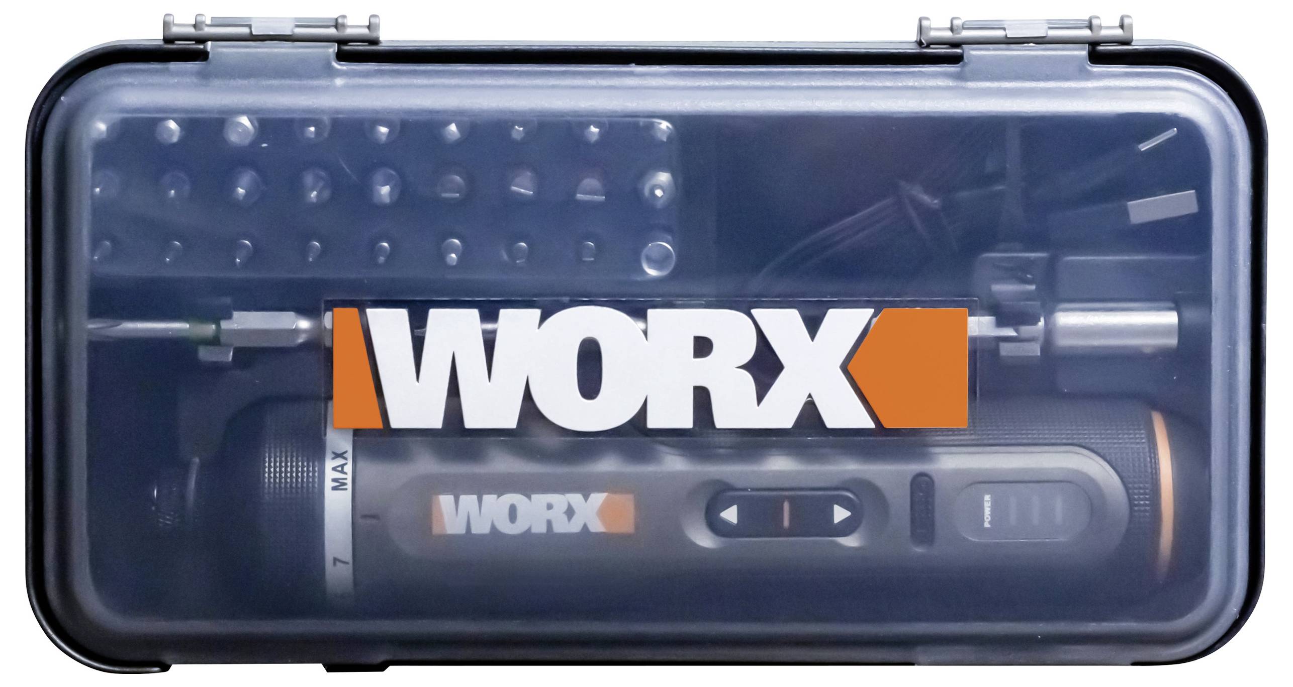 Ein 'WORX' Werkzeugset mit verschiedenen Bits und einem Schraubendreher in einem durchsichtigen Plastikkoffer.