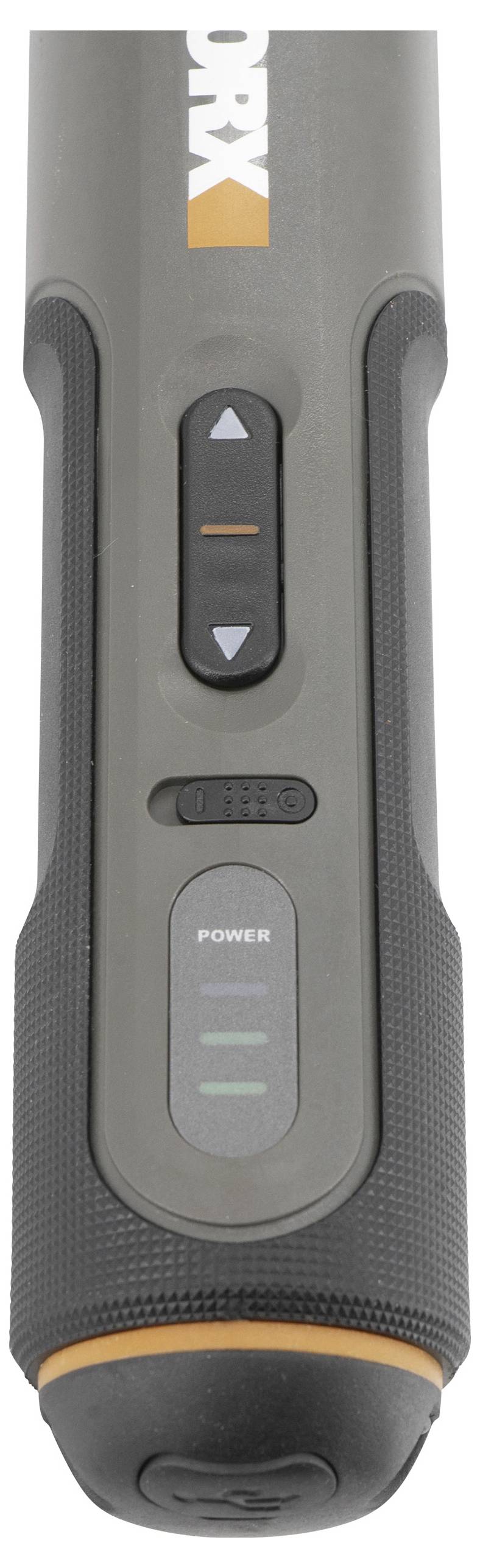 Ein schwarz-grau Werkzeug mit orangener Akzentuierung, ausgestattet mit einem Netzschalter und einer Batteriestandsanzeige; der Markenname „WORX