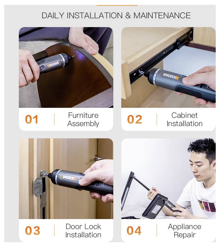 Vier Bilder zeigen verschiedene Verwendungen eines Elektrowerkzeugs mit der Bezeichnung 