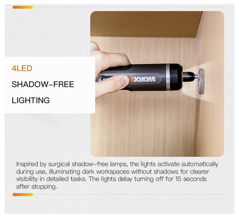 Eine Hand, die ein Werkzeug mit der Aufschrift „4LED SHADOW-FREE LIGHTING