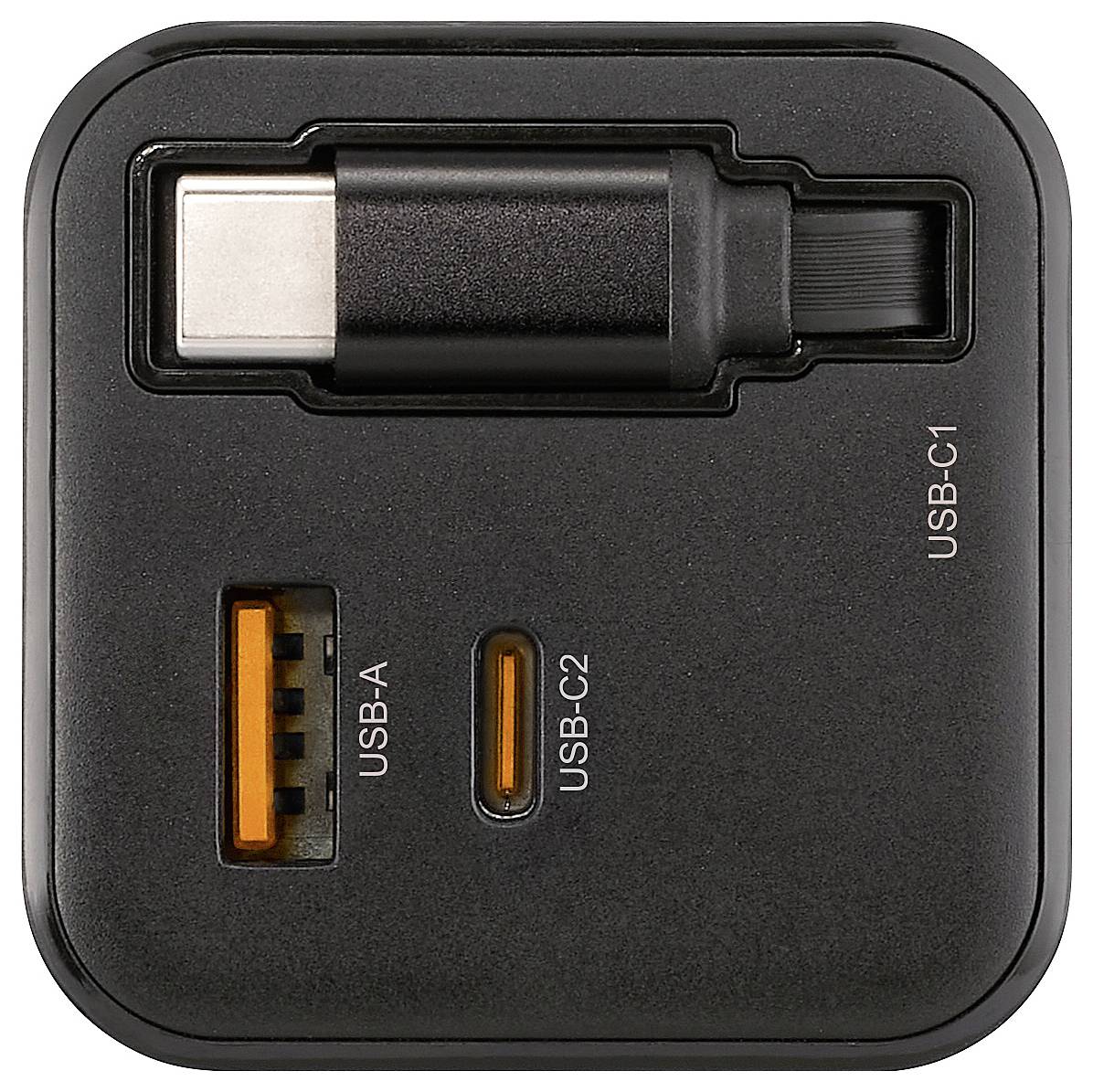 Eine schwarze Multi-Port-Ladestation mit einem USB-A- und zwei USB-C-Anschlüssen, gekennzeichnet als USB-C1 und USB-C2.