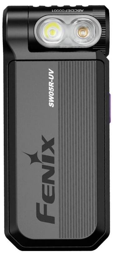 Taschenlampe mit Doppellichtfunktion, gekennzeichnet als 'SW05R-UV' und 'Fenix'. Sie verfügt über ein primäres Licht und ein UV-Licht in einem kompakten Design.