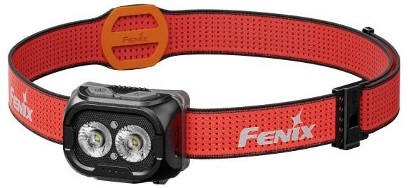 Eine rote Stirnlampe mit zwei LED-Leuchten an einem verstellbaren Band, der Marke ‚Fenix', die für freihändige Beleuchtung bei verschiedenen Aktivitäten entwickelt wurde.