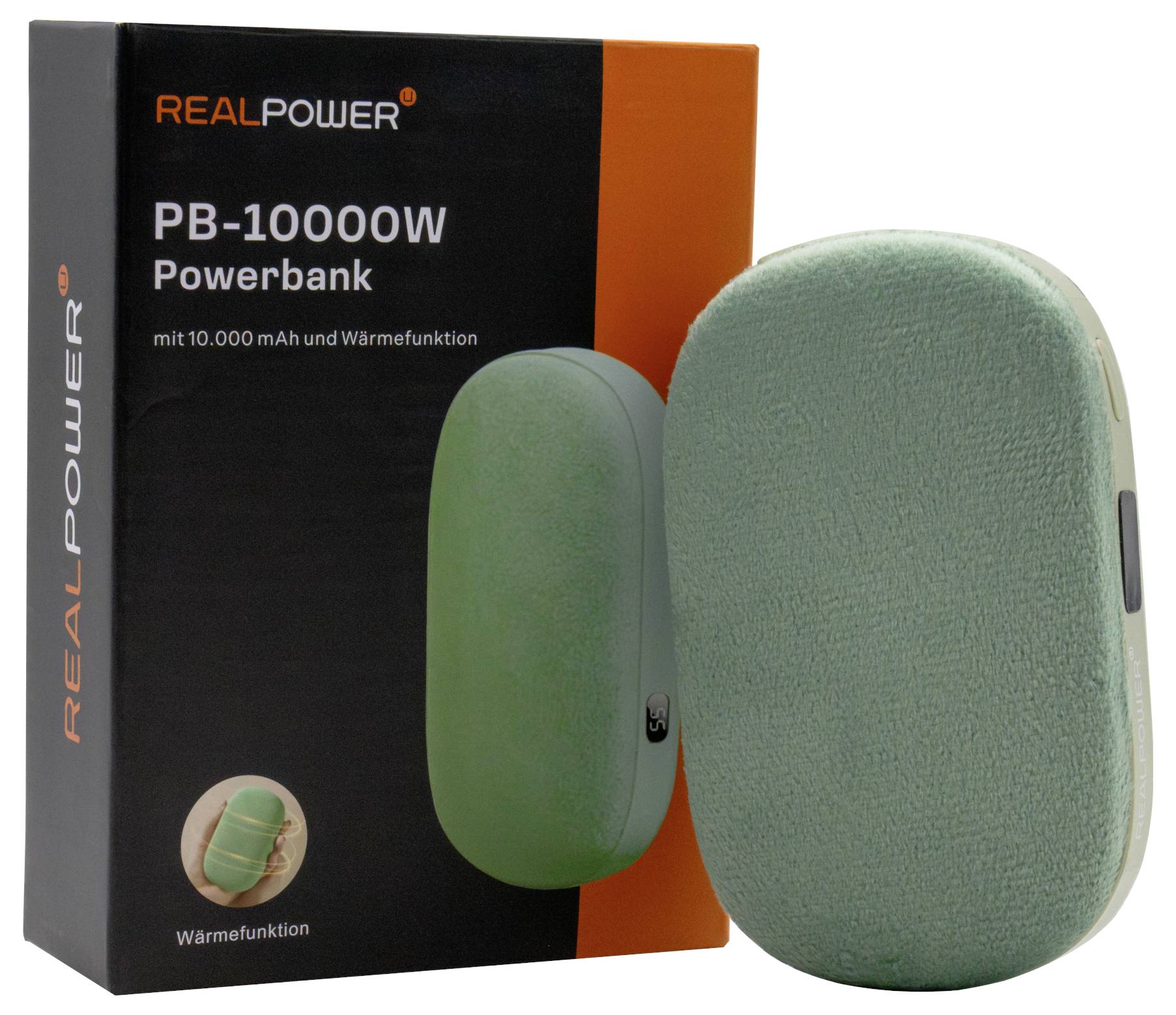Powerbank 'REALPOWER PB-10000W' mit 10.000 mAh Kapazität und Wärmefunktion, in Verpackung mit Produktbild und Merkmalen.