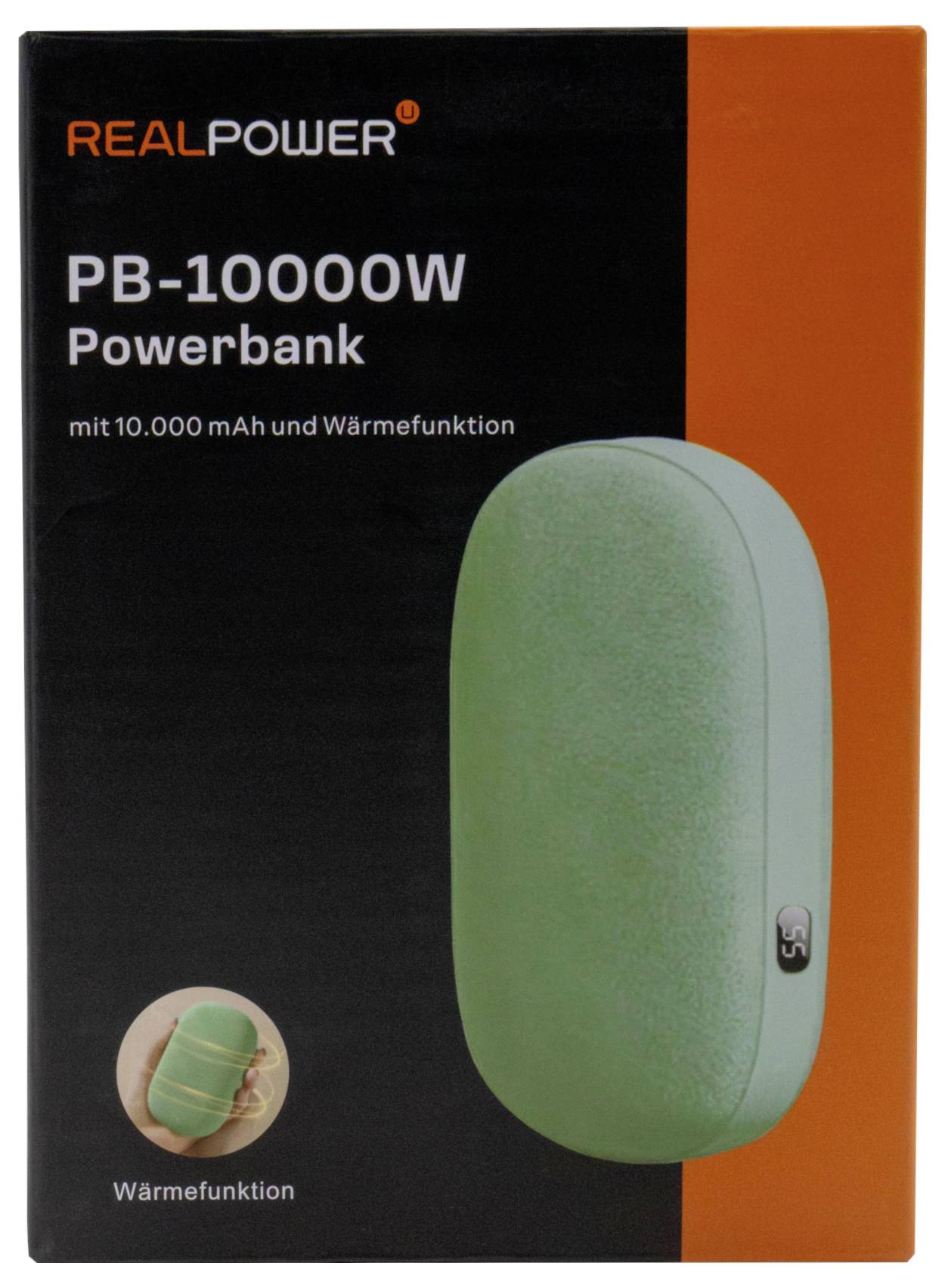 Verpackung des 'REALPOWER PB-10000W Powerbank' zeigt ein grünes Gerät mit '10.000 mAh' und Heizfunktion. Bild der Powerbank enthalten.