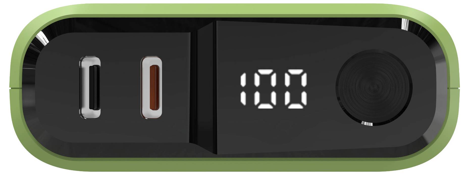 Ein schwarzer und grüner tragbarer Ladegerät, der '100' Prozent Ladung auf einem digitalen Display zeigt, mit USB-C- und Micro-USB-Anschlüssen.