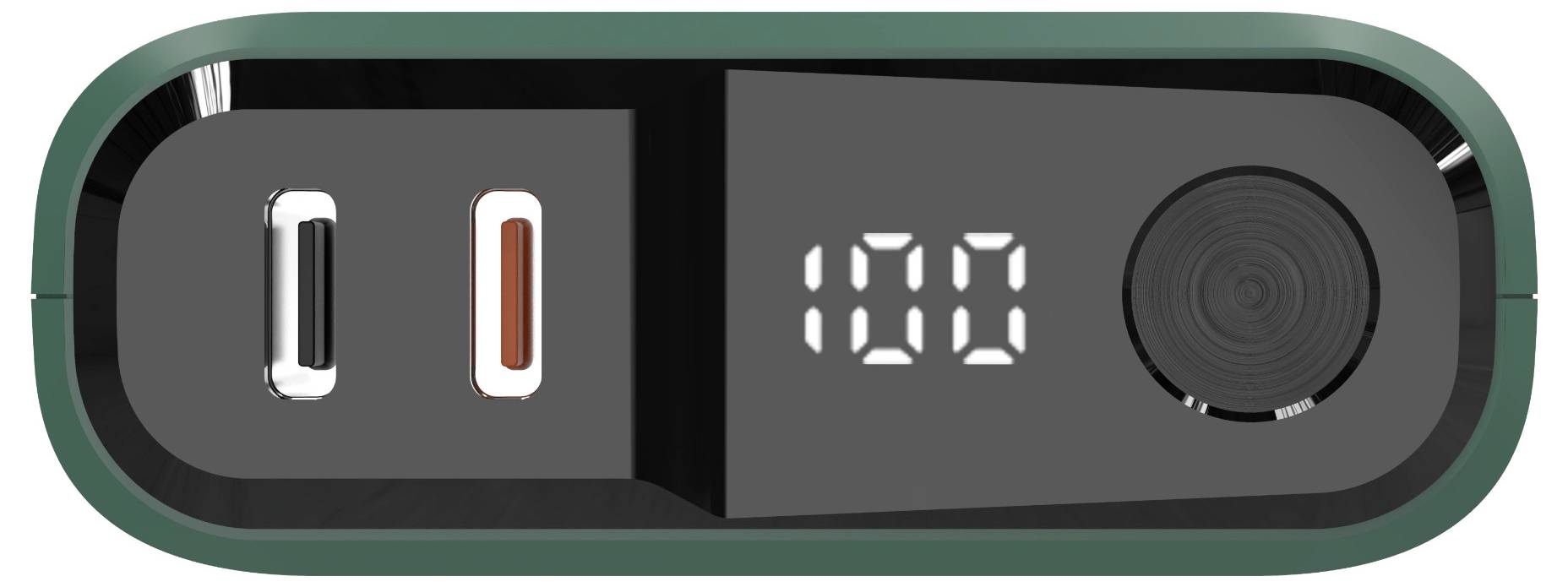Ein grün-schwarzes digitales Display zeigt '100'. Es verfügt über einen USB-C-Anschluss, einen USB-A-Anschluss und einen runden Knopf.