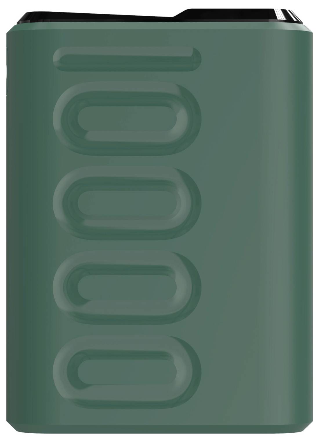 Ein grünes, rechteckiges Objekt mit einer Reihe von vertikal ausgerichteten, eingelassenen ovalen Formen an einer Seite, das einem modernen Container ähnelt.
