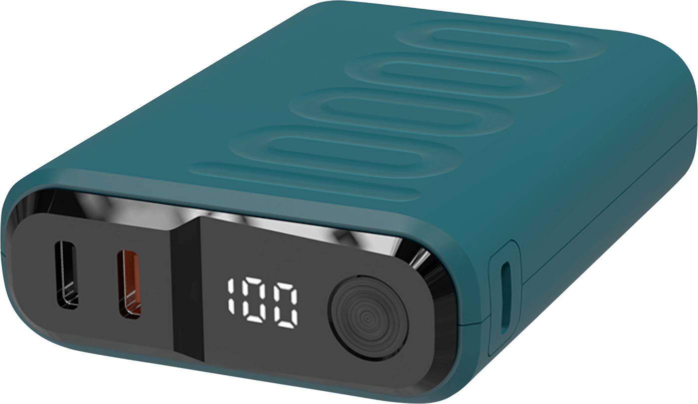 Eine türkisfarbene mobile Powerbank mit einer digitalen Anzeige, die '100' zeigt. Sie verfügt über zwei USB-Anschlüsse und eine strukturierte Oberfläche.