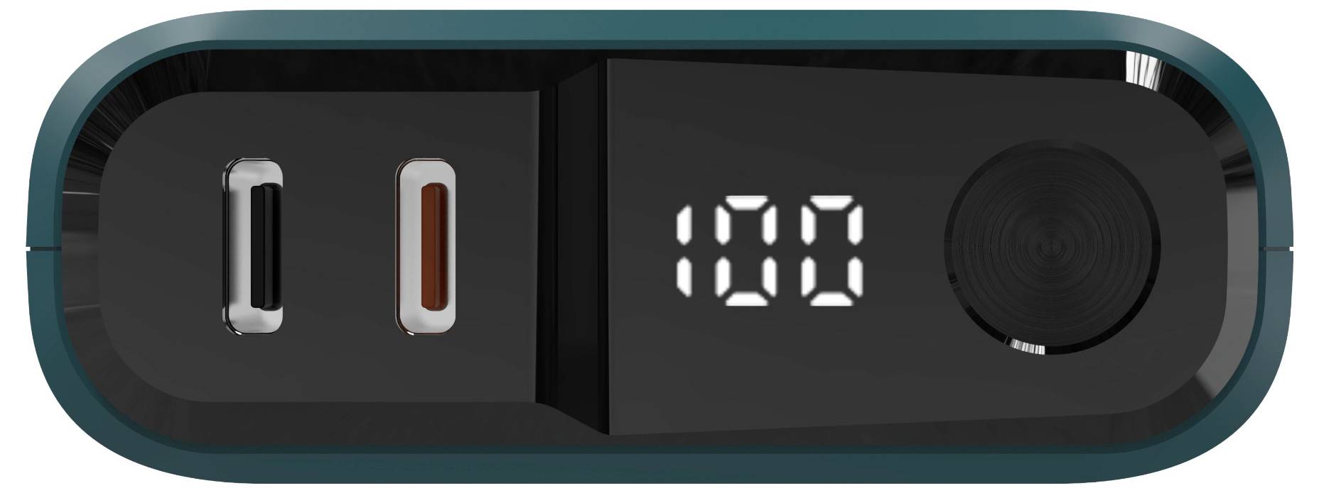 Tragbare Powerbank mit einem digitalen Display, das '100' zeigt und einen vollen Akku anzeigt. Ausgestattet mit einem USB- und einem USB-C-Anschluss.