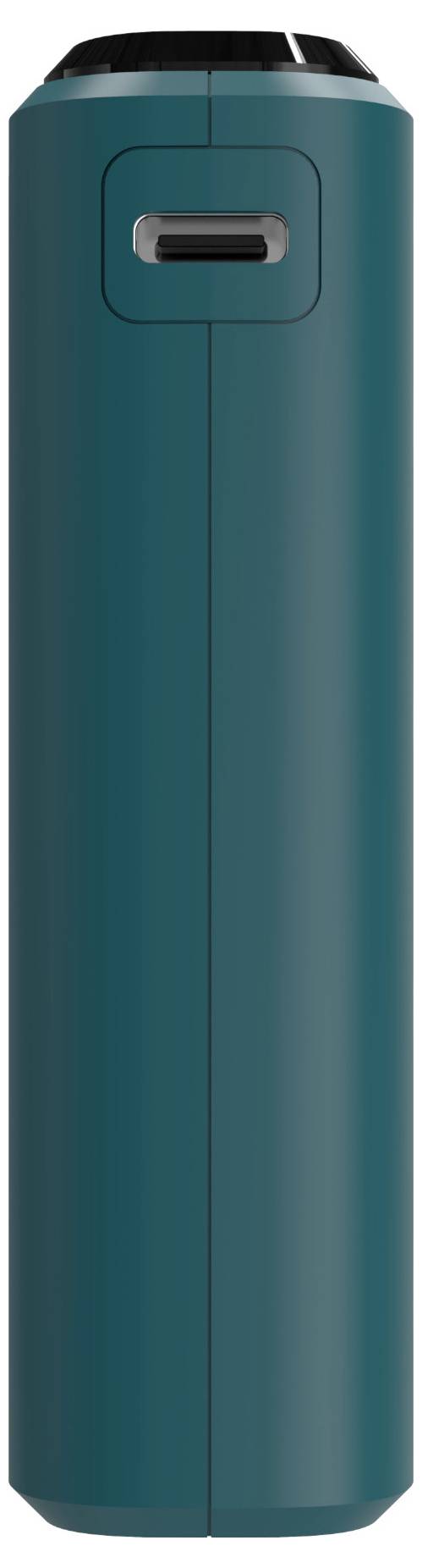 Ein rechteckiges, türkisfarbenes Gerät mit einem USB-C-Anschluss in der Mitte nahe der Oberseite, vertikal vor einem weißen Hintergrund stehend.