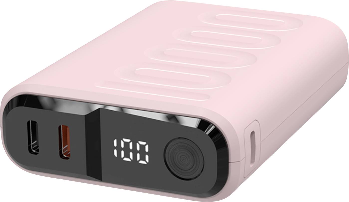 Eine rosa tragbare Powerbank mit einer digitalen Anzeige, die '100' zeigt. Sie verfügt über einen USB-C- und einen USB-A-Anschluss und eine strukturierte Oberfläche für besseren Halt.