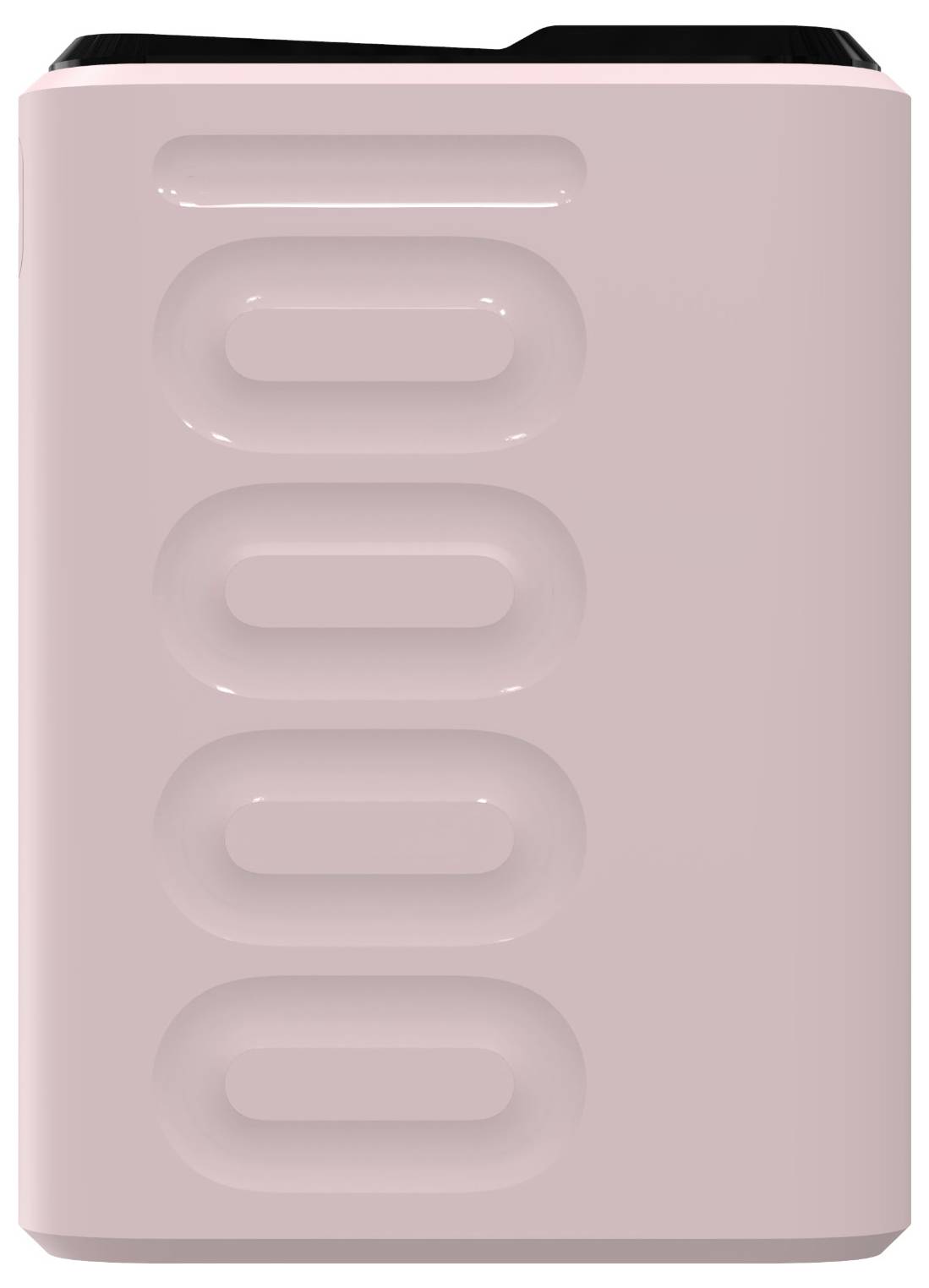 Ein rosa Behälter mit rechteckiger Form und vertikalen, eingetieften ovalen Mustern an einer Seite.