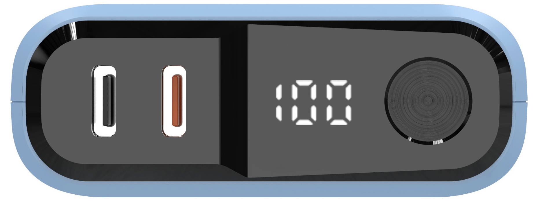 Eine Nahaufnahme einer digitalen Powerbank mit einem USB-C-Anschluss, einem USB-A-Anschluss mit orangefarbenem Innenbereich und einem LED-Display, das '100' anzeigt.