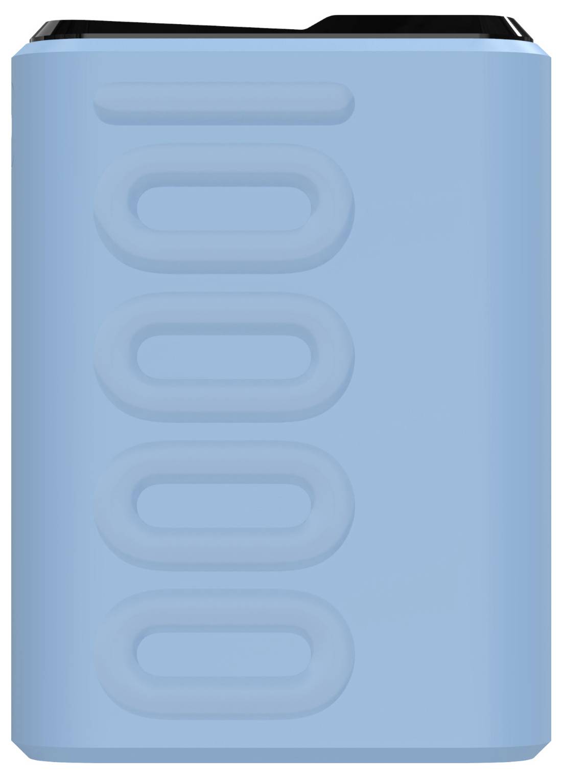 Eine blaue rechteckige Batterie mit schwarzem Deckel, die mit geprägten ovalen Formen auf ihrer Oberfläche gestaltet ist und auf ein wiederaufladbares oder Energiespeichergerät hinweist.