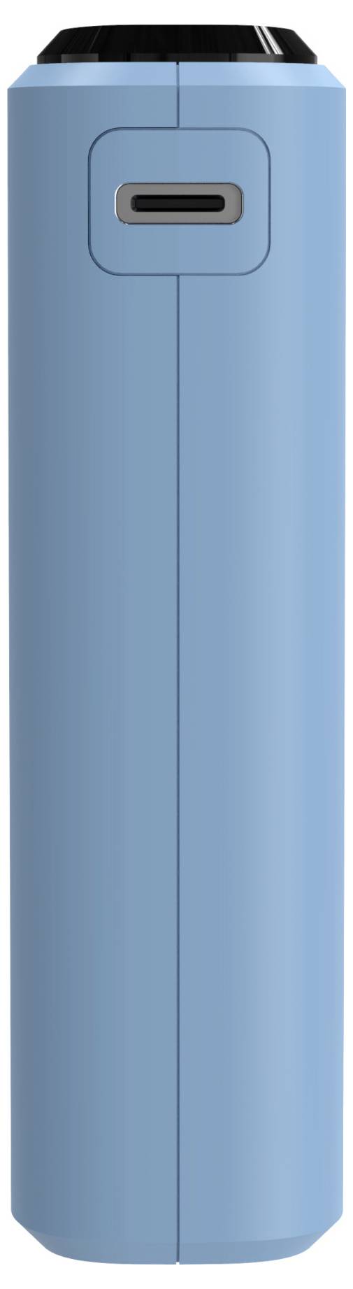 Ein blaues zylindrisches Gerät mit einem rechteckigen Anschluss oben, möglicherweise eine Batterie oder Powerbank.