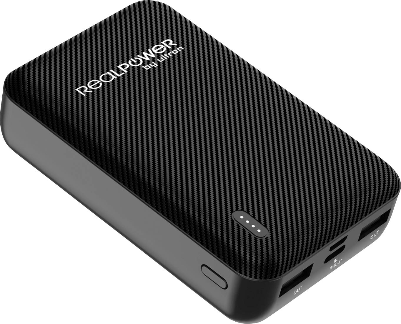 Ein schwarzer RealPower Powerbank mit strukturierter Oberfläche, ausgestattet mit zwei USB-Ausgabeports, einem Eingangsport und einem Batterieindikator.