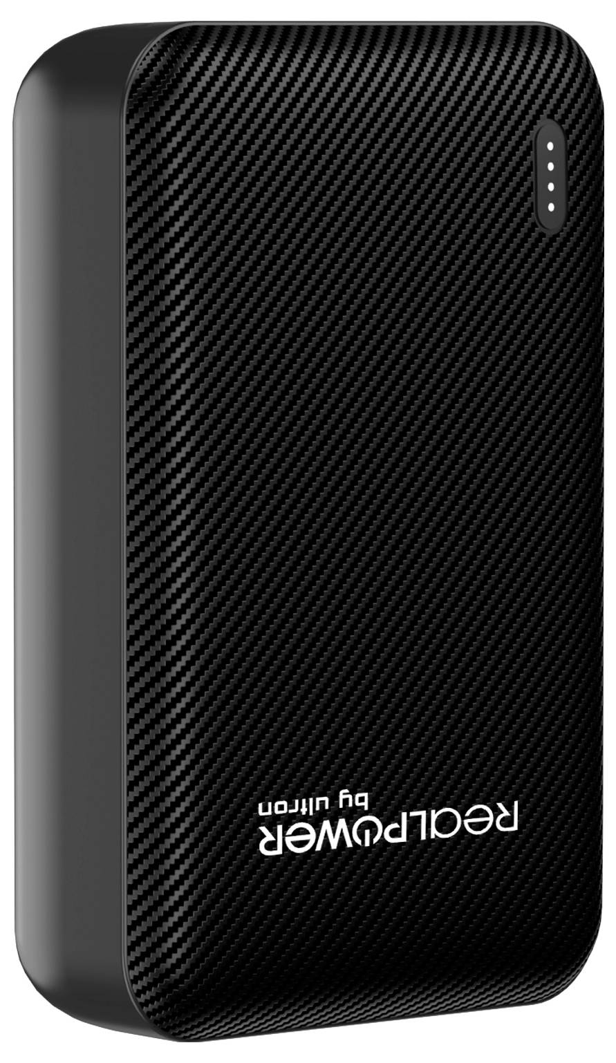 Eine schlanke, schwarze, rechteckige tragbare Powerbank mit der Aufschrift 