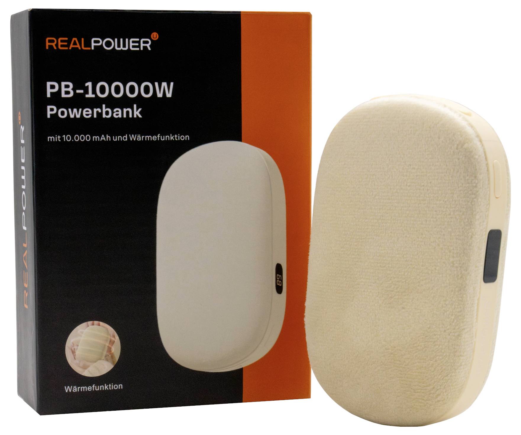 Verpackung 'REALPOWER PB-10000W Powerbank' mit weißer Powerbank mit einer Kapazität von 10.000 mAh und Heizfunktion.